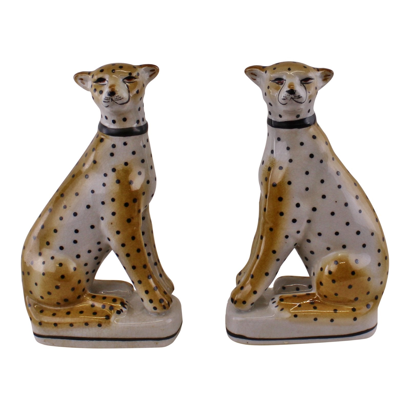 Set of 2 Left & Right Facing Ceramic Crackle Glaze Leopard Ornaments